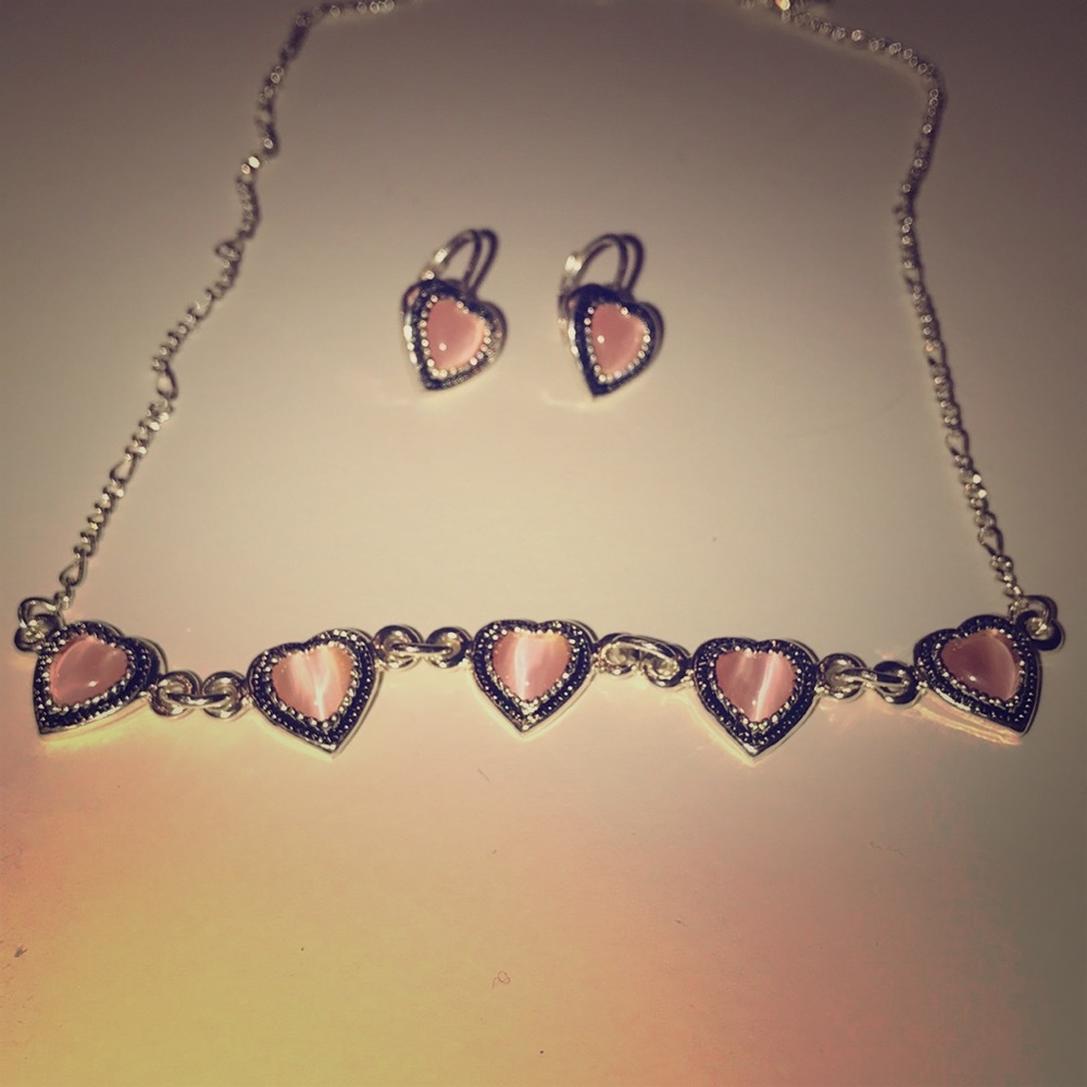 Pink heart jewel necklace & earrings set